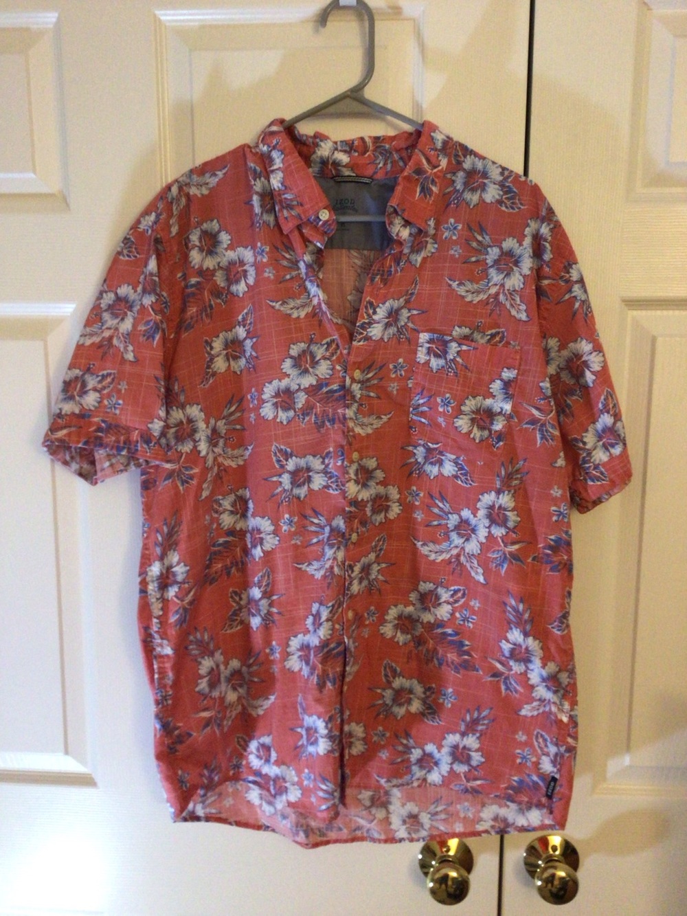 Izod Men's Floral Short-Sleeve Button-Up Shirt - Coral Size XL